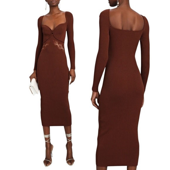 SELF-PORTRAIT Rib Knit Lace Insert Long Sleeve Midi Bodycon Fitted Dress - Picture 2 of 10